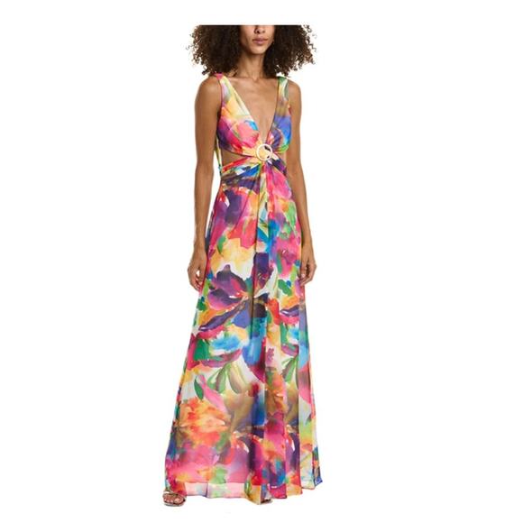 Liv Foster Abstract-Print Deep V-Neck Cutout‎ Gown Size 0